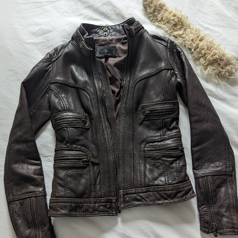 Aqua aviation inspired leather jacket with lambswool collar and zipper details - Picture 7 of 14
